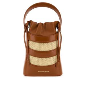 ALEXANDER MCQUEEN 투톤 가죽 amp 라피아 미니 더 라이즈 버킷 백 7959001VPIO 2050