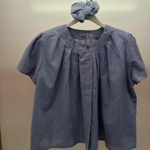 Latium HC06 짧고 품넉넉한 곱창 머리밴드 체크 반팔 차이나넥 셔링 셔츠블라우스 T2523bl13B