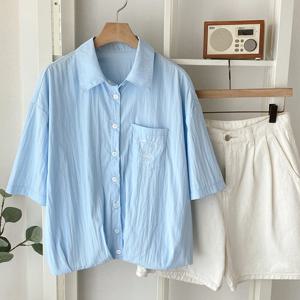 샵앤) 여성 카라넥 돗단배 자수 바스락 반팔 셔츠 블라우스 BONG-WBL-4502-블루