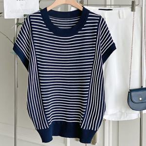 샵앤) 여성 라운드넥 단가라 가오리핏 반팔 니트 티셔츠 DGB-WKN-4555-네이비