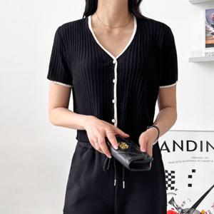 샵앤) 국산 여성 여름 배색 골지 반팔 니트 가디건 WDM-WCD-2LCBB1057