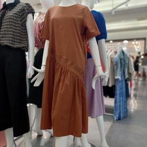 Latium HC06 얇고 가벼운 H라인 주머니 라운드 반팔 무지 셔링 롱원피스 T2552op01O