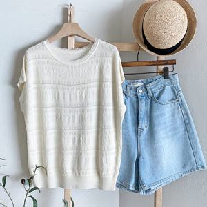 샵앤) 여성 레이스 라운드넥 나그랑 캡소매 니트티 JR-WKN-4594-아이보리