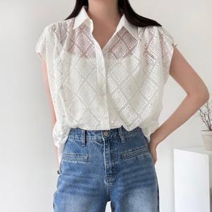 샵앤) 여성 카라넥 펀칭 다이아 시스루 레이어드 블라우스 NYS-WBL-4695-화이트