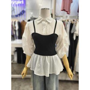 밸리걸 세이브존01 뷔스티에 배색 5부소매 셔츠 블라우스 242281