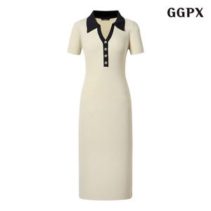 [지지피엑스]카라넥 버튼 롱 반팔 니트 원피스 (GPBOW066D)