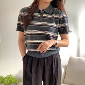 샵앤) 국산 여성 카라넥 단가라 반팔 니트 티셔츠 21DS-WKN-4971-차콜