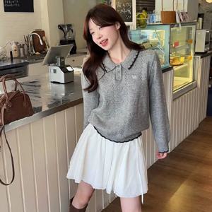 샵앤) 여성 단추 반오픈 카라넥 펀칭 니트 티셔츠 21DS-WKN-4981-그레이