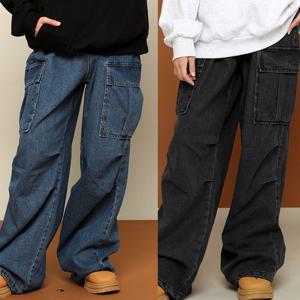 [모데쯔]오버핏 주니어 가을 카고 데님 청 와이드 바지 10대 초등학생