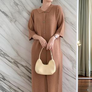 여자 반팔니트 카라넥 버튼 비스코스 롱원피스