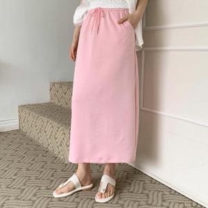 여자 일자 롱 면혼방 고무줄 슬릿 스커트