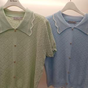 Destijl HC06 짧고 부드러운 비스코스 깔끔한 펀칭 데일리 나비 카라 반팔 니트티 D2523sw17