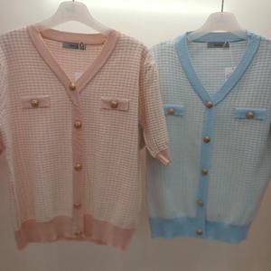 Destijl HC06 금단추 5부 단가라 트위드형 브이넥 반팔 니트티 D2523sw18