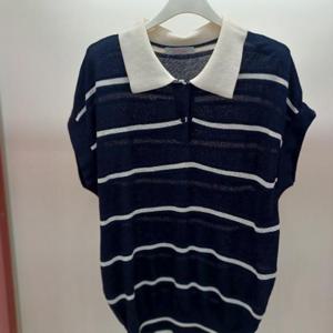 Latium HC06 시원한 캡소매 단가라 스트라이프 벌집 민소매 카라 니트티 T2552sw10N