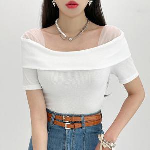 [금찌] 파우더 망사 오프숄더 니트티 ST7349T