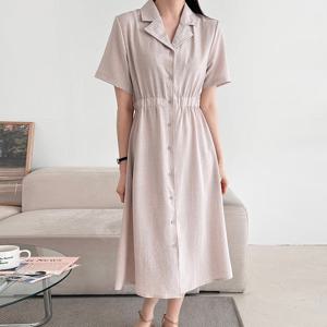 샵앤) 여성 정장 테이퍼드 카라넥 앞단추 허리밴딩 미디 원피스 21DS-WDR-4391-블루