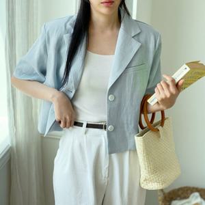 샵앤) 국산 여성 테이퍼드 카라넥 크롭 린넨 반팔 자켓 SML-WJK-4436-블랙