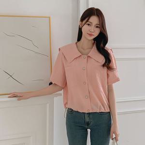 샵앤) 여성 카라 밑단스트링 숏 슬리브 심플 반팔 블라우스 CAT-WBL-4457-네이비