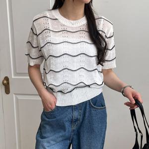 샵앤) 국산 여성 라운드넥 웨이브 줄무늬 펀칭 반팔 니트티 21DS-WKN-4614-그린