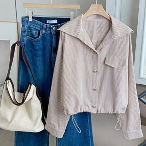 샵앤) 여성 카라넥 마린 스트라이프 밑단스트링 긴팔 블라우스 BONG-WBL-4708-베이지