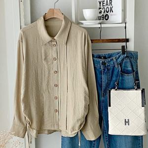 샵앤) 여성 카라넥 앞핀턱 사이드 리본 긴팔 셔츠 블라우스 DGB-WBL-4744-베이지