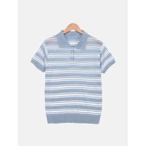 [엘케이트] 여성 니트 카라 반팔티셔츠 루즈핏 단가라 줄무늬 여름 티셔츠 LCR115