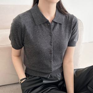 샵앤) 여성 신상 카라넥 슬림 세미크롭 반팔 니트티 NYS-WKN-4799-진그레이