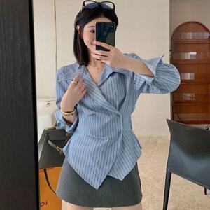 샵앤) 여성 스트라이프 긴팔 랩 블라우스 셔츠 WON-WBL-WFHBO78