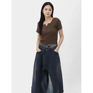 [스콰즈] 여자 골지 단추 헨리넥 티셔츠 스판 U넥 크롭 반팔티 SCR196