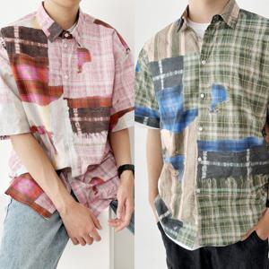 [리빌모아]남자 빈티지 체크 면 남방 셔츠 반팔셔츠 BT-SHH-Q002