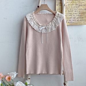 샵앤) 봄신상 여성 레이스 리본 라운드넥 골지 니트 티셔츠 JR-WKN-4081-핑크