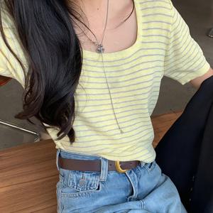 샵앤) 여성 단가라 봄컬러 스퀘어넥 반팔 니트 티셔츠 21DS-WKN-4249-옐로우