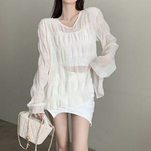 F006624_플리츠블라우스 루즈핏 요루쉬폰 롱티셔츠