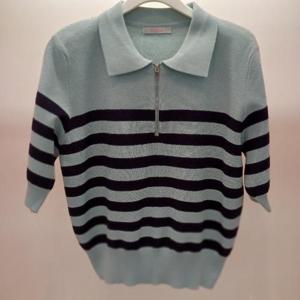 Latium HC06 반집업 5부소매 단가라 스트라이프 테일 벌집 카라 반팔 니트티 T2552sw05M