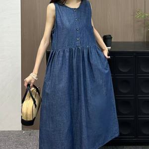 샵앤) 여성 라운드넥 단추 나시 청 민소매 레이어드 데님 롱 원피스 MSE-WDR-20604-진청