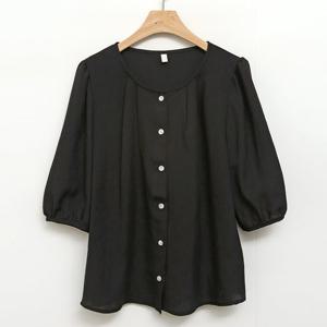 샵앤) 국산 여성스런 셔링 노카라 퍼프소매 7부 블라우스 REI-WBL-4358-블랙