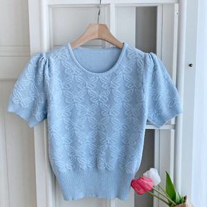 샵앤) 여성 U넥 나비 자카드 반팔 니트 티셔츠 JR-WKN-4363-블루