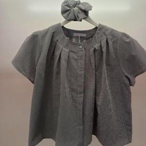 Latium HC06 짧고 품넉넉한 곱창 머리밴드 체크 반팔 차이나넥 셔링 셔츠블라우스 T2523bl13B1