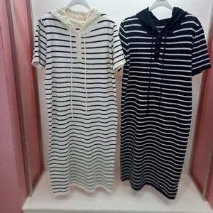 Destijl HC06 H라인 단가라 스트라이프 반오픈 후드 반팔 니트 롱원피스 D2523op22