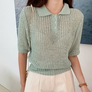 샵앤) 국산 여성 카라넥 반오픈 단추 데일리 반팔 니트 티셔츠 JLE-WKN-4427-민트