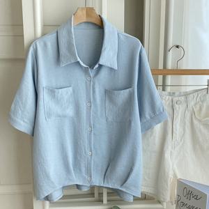 샵앤) 여성 카라넥 양포켓 앞핀턱 여름 반팔 블라우스 DGB-WBL-4462-블루