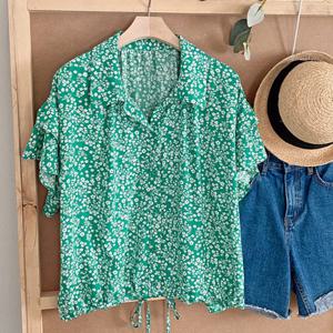 샵앤) 여성 카라넥 빈티지 꽃무늬 반팔 블라우스 BONG-WBL-4512-그린