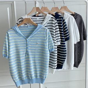 샵앤) 여성 반단추 오픈 투패턴 시슬 후드 반팔 니트티 BONG-WKN-4501