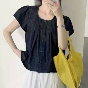 샵앤) 여성 라운드넥 생지 청 반팔 프릴 블라우스 MSE-WBL-20683-진청