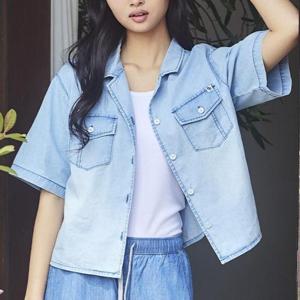 뱅뱅 동백01 오픈카라 크롭 반팔 데님셔츠 NSLD33