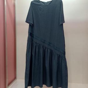 Latium HC06 얇고 가벼운 H라인 주머니 라운드 반팔 무지 셔링 롱원피스 T2552op01DG