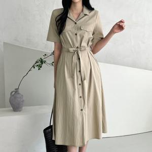 샵앤) 국산 여성 정장 카라넥 허리끈 앞단추 미디 원피스 REI-WDR-4655-베이지