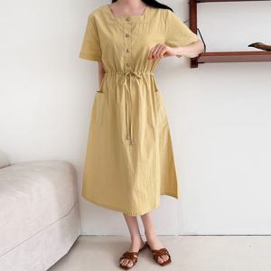 샵앤) 여성 스퀘어 허리조절 빅포킷 반팔 롱원피스 CAT-WDR-4640-네이비