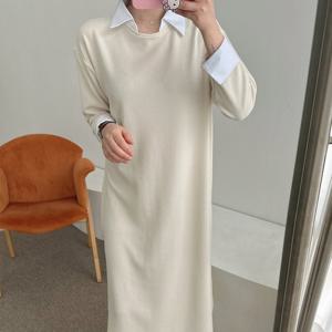 샵앤) 국산 배색 셔츠카라 오버핏 임부 롱원피스 LL-WDR-4847-베이지