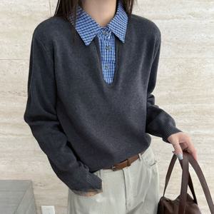 샵앤) 여성 카라넥 체크 셔츠 레이어드 긴팔 니트 티셔츠 21DS-WKN-4977-차콜